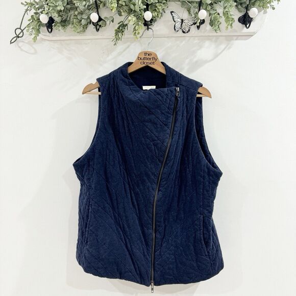 Eileen fisher asymmetrical zipper quilted vest navy blue size XL - Picture 1 of 4